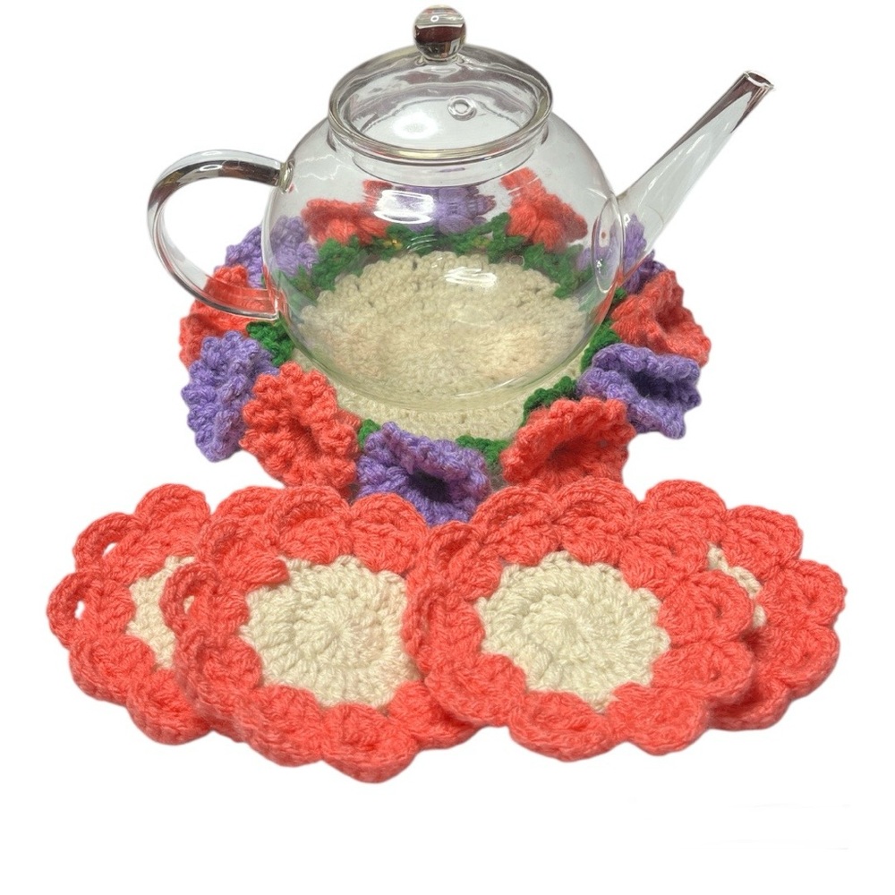 Handmade Crochet Mug Rug + 4 Coasters Set-Floral Tea Coaster Set Coral Lavender